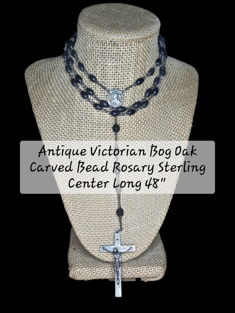 Antique Victorian Bog Oak Carved Bead Rosary Sterling Center Long 48"